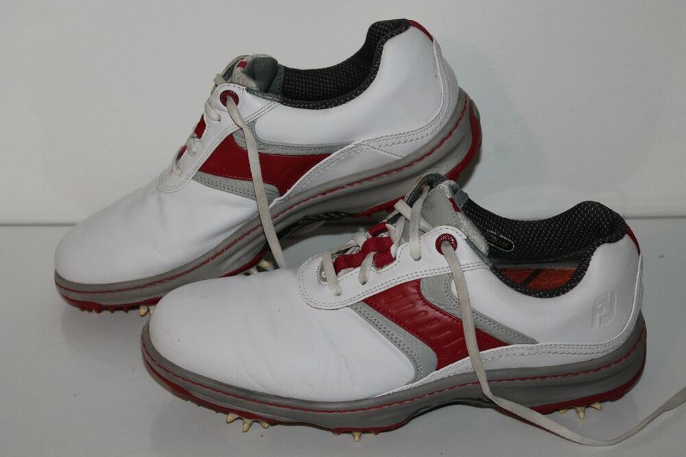 Footjoy Golf Shoes, #84172, White/Red/Gray, Leather, Mens US Size 9.5